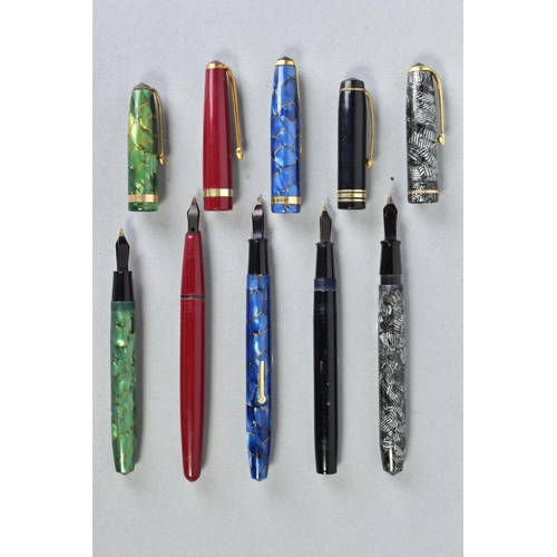 21 - FIVE CONWAY STEWART FOUNTAIN PENS including a No 85L in gold vein marbled blue with a 14ct No 3 nib,... 