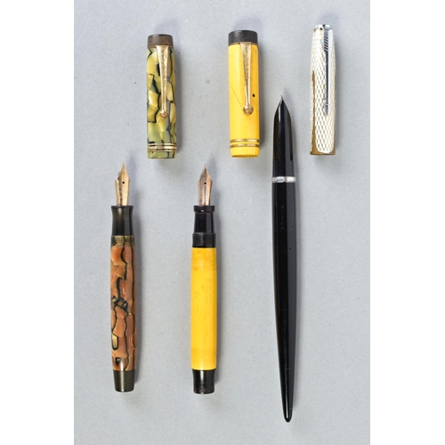 22 - A PARKER DUOFOLD JUNIOR IN MANDARIN YELLOW, a cracked marble Duofold, a Parker Debutante distressed ... 