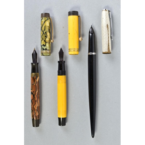 22 - A PARKER DUOFOLD JUNIOR IN MANDARIN YELLOW, a cracked marble Duofold, a Parker Debutante distressed ... 