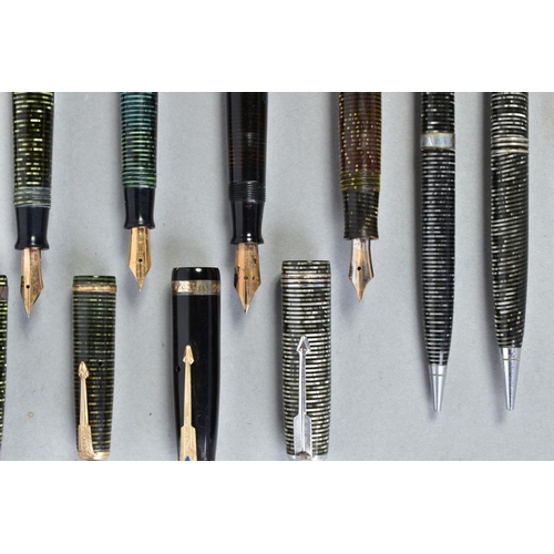 23 - SEVEN PARKER VACUMATIC FOUNTAIN PENS and two propelling pencils, these are mostly laminated colours ... 