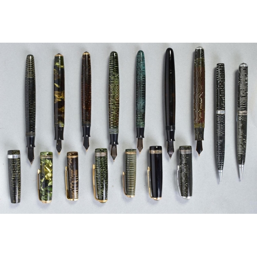 23 - SEVEN PARKER VACUMATIC FOUNTAIN PENS and two propelling pencils, these are mostly laminated colours ... 