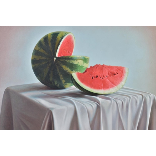 279 - JUAN HIGUERAS (SPANISH 1963), 'Still Life II', a sliced watermelon on a table, signed and dated (20)... 