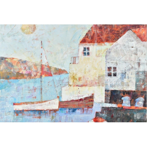 280 - SALLY ANN FITTER (BRITISH CONTEMPORARY), 'Harbourside, Ship Lane', boats and buildings at a harbour,... 