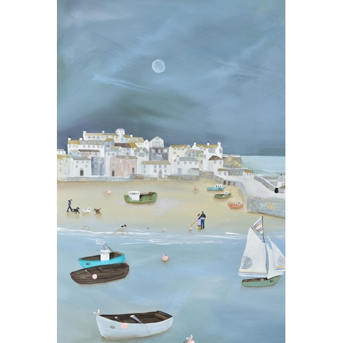 287 - LUCY YOUNG (BRITISH CONTEMPORARY), 'Moonshine Time', a coastal harbour scene by moonlight, initialle... 