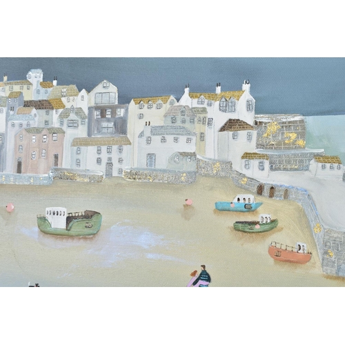 287 - LUCY YOUNG (BRITISH CONTEMPORARY), 'Moonshine Time', a coastal harbour scene by moonlight, initialle... 