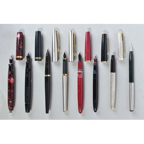 30 - SIX PARKER FOUNTAIN PENS, A PROPELLING PENCIL AND A STERLING SILVER 75 ROLLER BALL (no cartridge), t... 