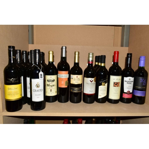 303 - TWENTY TWO BOTTLES OF RED WINE FROM SPAIN, PORTUGAL AND THE NEW WORLD, comprising nine bottles of Qu... 