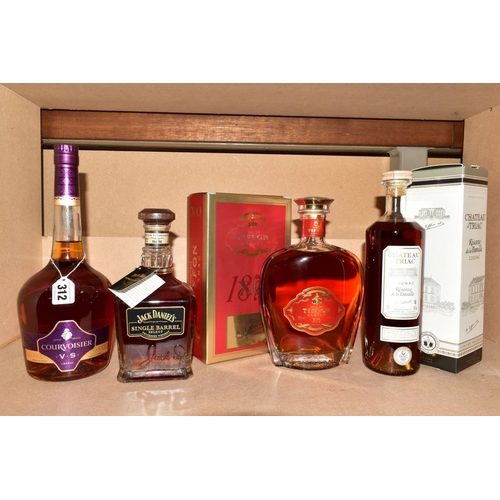 312 - THREE BOTTLES OF COGNAC AND A BOTTLE OF WHISKEY, comprising a bottle of Courvoisier VS Cognac, 40% v... 