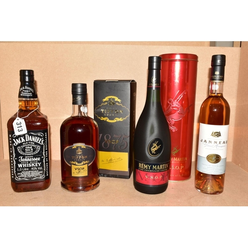 313 - THREE BOTTLES OF COGNAC AND A BOTTLE OF WHISKEY, comprising a bottle of Remy Martin VSOP Fine Champa... 