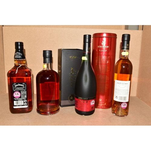 313 - THREE BOTTLES OF COGNAC AND A BOTTLE OF WHISKEY, comprising a bottle of Remy Martin VSOP Fine Champa... 