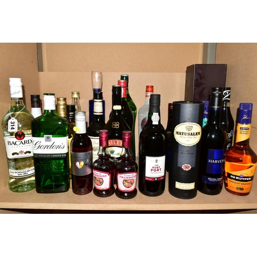 314 - TWENTY FIVE BOTTLES OF ASSORTED SPIRITS AND LIQUEURS, to include Bacardi Rum, Gordon's Gin, Uluvka V... 