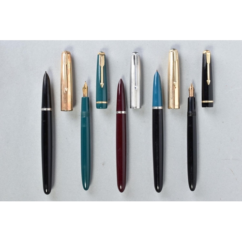 32 - THREE PARKER '51' AND TWO SLIMFOLD FOUNTAIN PENS including two black 51S with gold filled caps, a bu... 