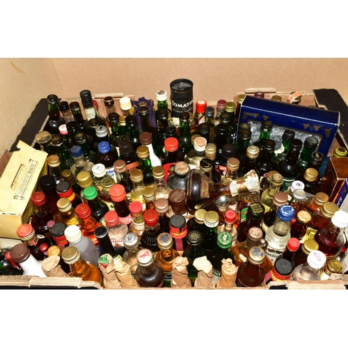 328 - A COLLECTION OF APPROXIMATELY TWO HUNDRED AND THIRTY FIVE MINIATURE BOTTLES OF WHISKY, COGNAC, PORT,... 