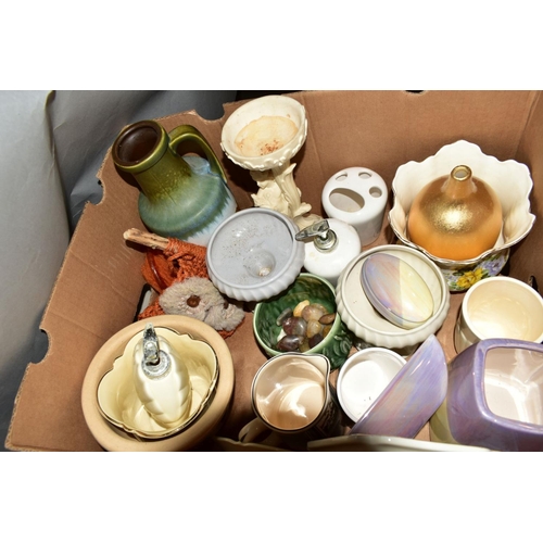 336 - FOUR BOXES OF CERAMICS, METALWARES, MODERN PICNIC HAMPER etc, including Denby Bakewell storage jars,... 