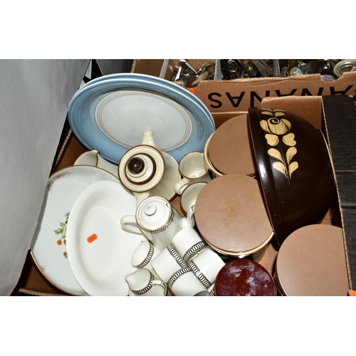 336 - FOUR BOXES OF CERAMICS, METALWARES, MODERN PICNIC HAMPER etc, including Denby Bakewell storage jars,... 