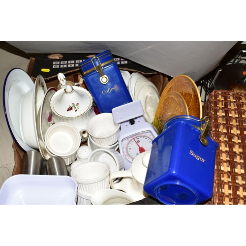 336 - FOUR BOXES OF CERAMICS, METALWARES, MODERN PICNIC HAMPER etc, including Denby Bakewell storage jars,... 