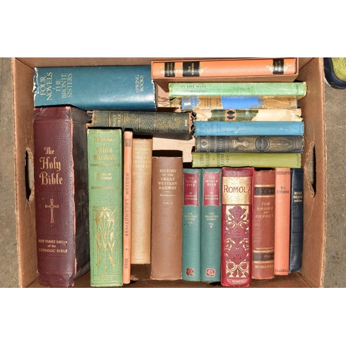 337 - FOUR BOXES OF BOOKS, including Charles Dickens novels, Shakespeare, bibles and a Folio Society Antho... 