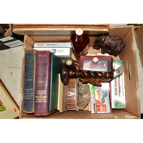 338 - FOUR BOXES AND LOOSE INCLUDING BOOKS, CLOCKS, PICTURES AND DINNER SUIT, together with binoculars, tr... 