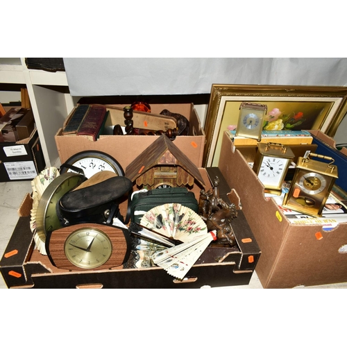 338 - FOUR BOXES AND LOOSE INCLUDING BOOKS, CLOCKS, PICTURES AND DINNER SUIT, together with binoculars, tr... 