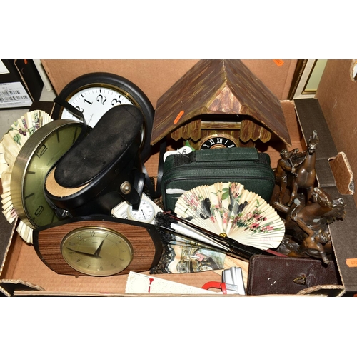 338 - FOUR BOXES AND LOOSE INCLUDING BOOKS, CLOCKS, PICTURES AND DINNER SUIT, together with binoculars, tr... 