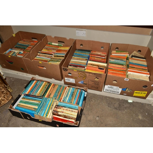 340 - FIVE BOXES OF PAPERBACK BOOKS AND PRINTS, including Agatha Christie, Fleming, Wodehouse, Woolf, etc,... 