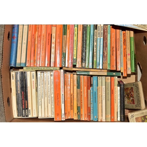 340 - FIVE BOXES OF PAPERBACK BOOKS AND PRINTS, including Agatha Christie, Fleming, Wodehouse, Woolf, etc,... 