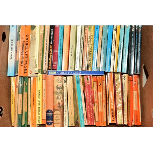 340 - FIVE BOXES OF PAPERBACK BOOKS AND PRINTS, including Agatha Christie, Fleming, Wodehouse, Woolf, etc,... 