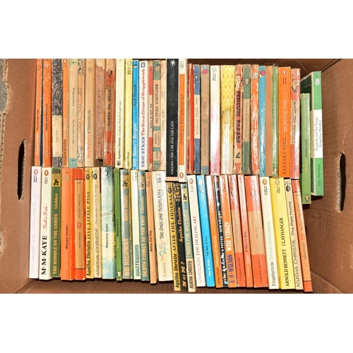 340 - FIVE BOXES OF PAPERBACK BOOKS AND PRINTS, including Agatha Christie, Fleming, Wodehouse, Woolf, etc,... 