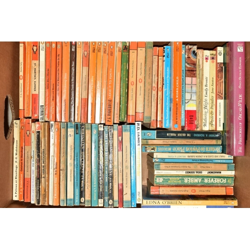 340 - FIVE BOXES OF PAPERBACK BOOKS AND PRINTS, including Agatha Christie, Fleming, Wodehouse, Woolf, etc,... 