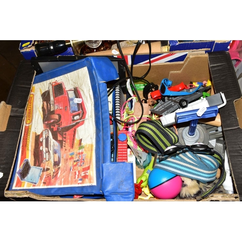 342 - TWO BOXES OF TOYS, ORNAMENT, TWO CASED POKER SETS, BOXED LAWN BOWLS, PENTAX CAMERA, including orname... 