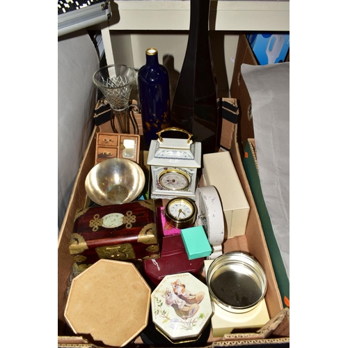 343 - A BOX OF JEWELLERY BOXES, CLOCKS, SILVER PLATED COASTERS, etc, including three vases, watch straps, ... 