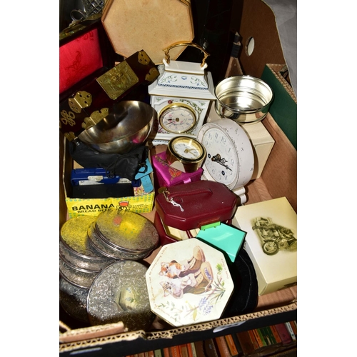 343 - A BOX OF JEWELLERY BOXES, CLOCKS, SILVER PLATED COASTERS, etc, including three vases, watch straps, ... 