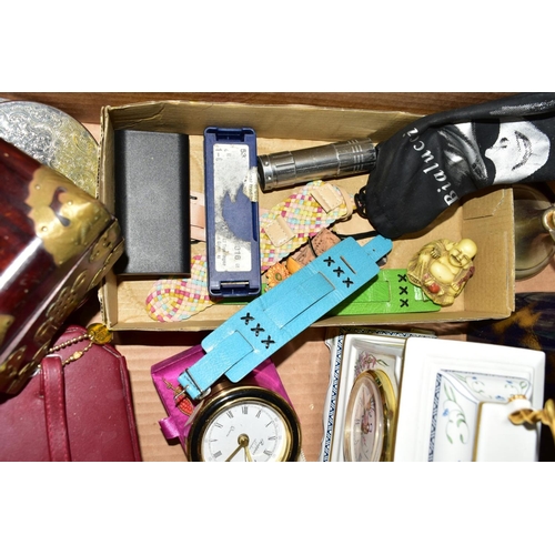 343 - A BOX OF JEWELLERY BOXES, CLOCKS, SILVER PLATED COASTERS, etc, including three vases, watch straps, ... 