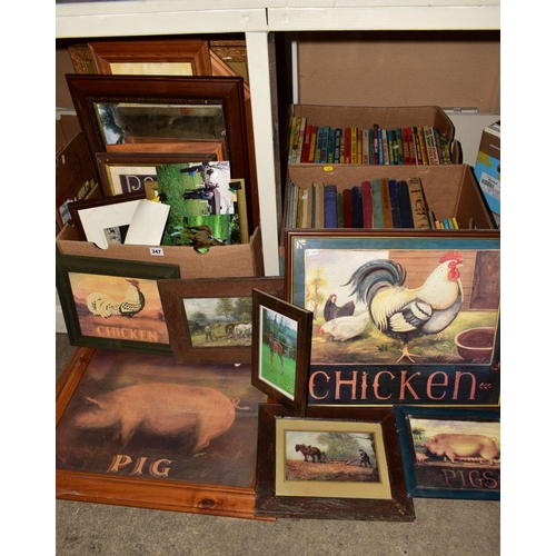 347 - THREE BOXES OF PRINTS, MIRRORS AND BOOKS, including animal themed pictures, children's annuals, Gile... 