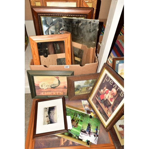 347 - THREE BOXES OF PRINTS, MIRRORS AND BOOKS, including animal themed pictures, children's annuals, Gile... 