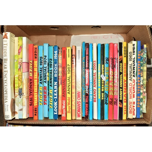 347 - THREE BOXES OF PRINTS, MIRRORS AND BOOKS, including animal themed pictures, children's annuals, Gile... 