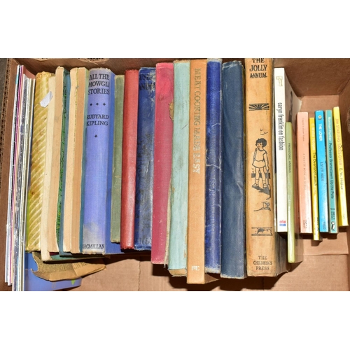 347 - THREE BOXES OF PRINTS, MIRRORS AND BOOKS, including animal themed pictures, children's annuals, Gile... 