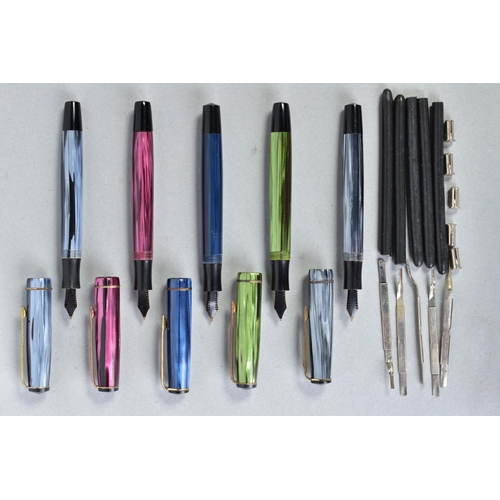 35 - FIVE MERLIN VINTAGE FOUNTAIN PENS including two Merlin 33 in pearl grey, a 33 in pearl blue, a 33 in... 