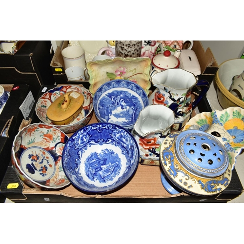 350 - FOUR BOXES OF CERAMICS, including late 19th century and 20th century items, blue and white bowls and... 