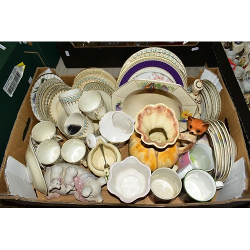 356 - SIX BOXES OF CERAMICS, GLASSWARE AND METALWARES, etc, including a part set of late Victorian tea war... 