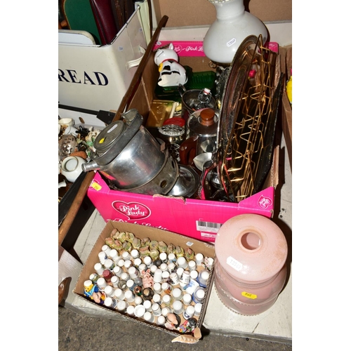 356 - SIX BOXES OF CERAMICS, GLASSWARE AND METALWARES, etc, including a part set of late Victorian tea war... 