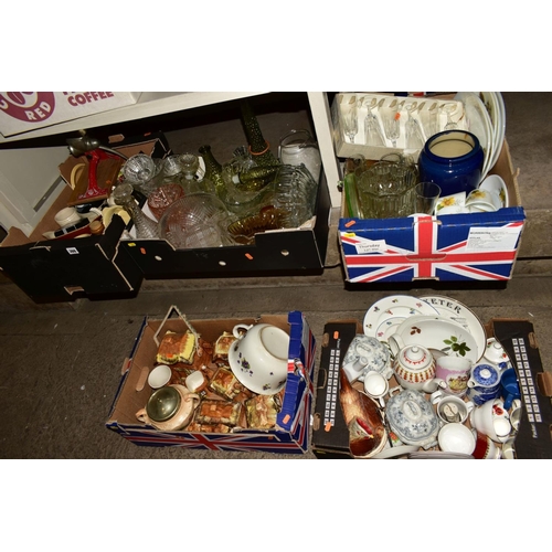 366 - FIVE BOXES OF CERAMICS, GLASSWARE, etc, including Cottage Ware teapots, butter dishes and biscuit ba... 