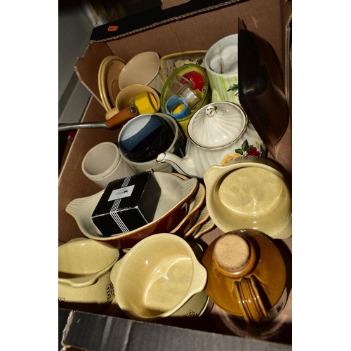 366 - FIVE BOXES OF CERAMICS, GLASSWARE, etc, including Cottage Ware teapots, butter dishes and biscuit ba... 