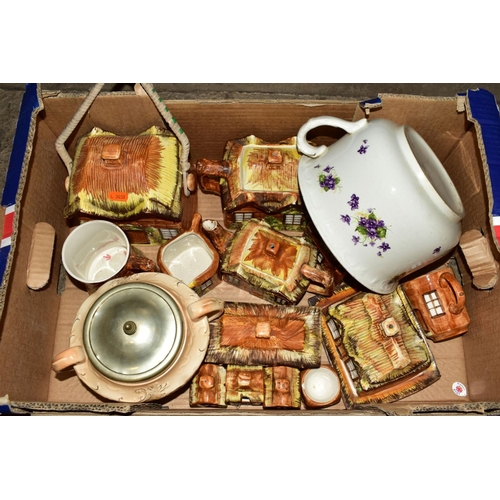 366 - FIVE BOXES OF CERAMICS, GLASSWARE, etc, including Cottage Ware teapots, butter dishes and biscuit ba... 