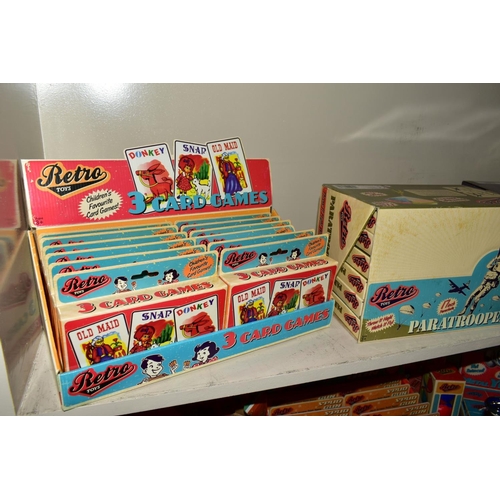 368 - A COLLECTION OF BOXED 'RETRO TOYS', comprising twelve packs of three card games, twelve boxes of par... 