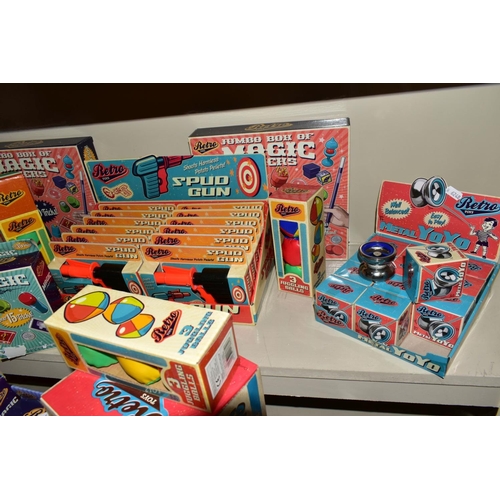 368 - A COLLECTION OF BOXED 'RETRO TOYS', comprising twelve packs of three card games, twelve boxes of par... 