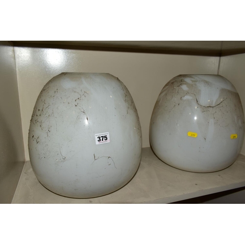 375 - A PAIR OF OPAQUE WHITE OVOID GLASS AND PAINTED NICKEL PLATED CEILING LIGHT FITTINGS, approximate hei... 