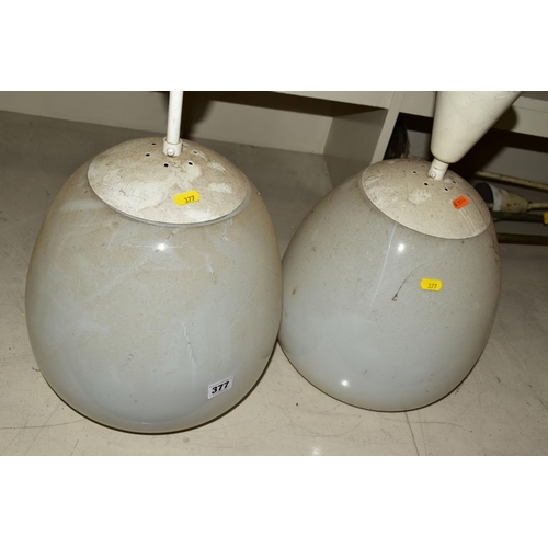 377 - A PAIR OF OPAQUE WHITE OVOID GLASS AND PAINTED NICKEL PLATED CEILING LIGHT FITTINGS, approximate hei... 