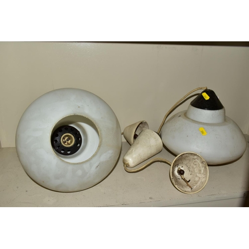 384 - A PAIR OF OPAQUE WHITE GLASS BULBOUS CEILING LIGHTS, plastic fittings, approximate overall height 51... 