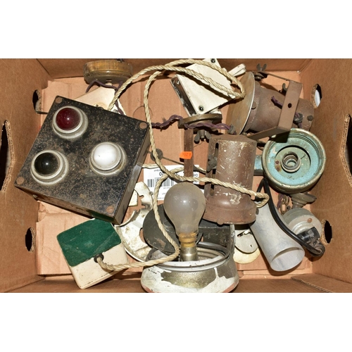 386 - TWO BOXES OF VINTAGE LIGHT FITTINGS AND SHADES, including a pair of corner wall lights (two boxes an... 